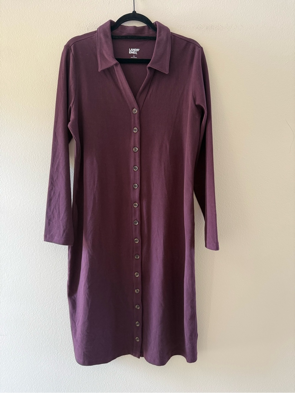 Lands' End Plum Button-Down Ribbed Knit Shirt Dress